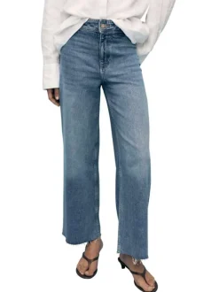 Pantalon denim en coton bleu indigo légèrement délavé à coupe jupe-culotte