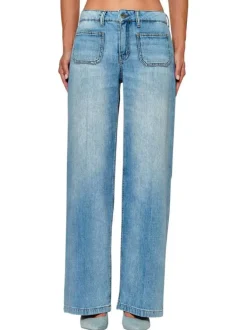 Pantalon denim en coton stone uni à coupe droite large avec deux poches plaquées