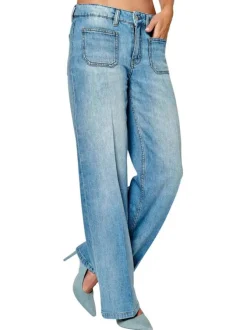 Pantalon denim en coton stone uni à coupe droite large avec deux poches plaquées