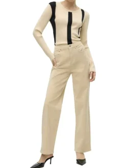 Pantalon en coton beige avec un revêtement effet velours à coupe droite