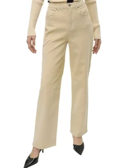 Pantalon en coton beige avec un revêtement effet velours à coupe droite
