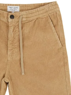 Pantalon en coton beige en velours côtelé à coupe regular fit avec des liens
