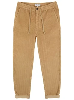 Pantalon en coton beige en velours côtelé à coupe regular fit avec des liens