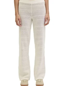 Pantalon en coton blanc uni en maille ajourée pourvu d'un coupe droite