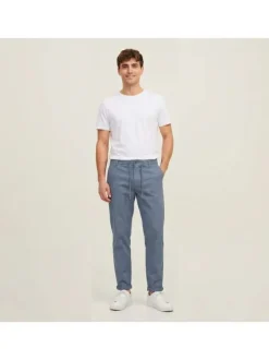 Pantalon en coton bleu imprimé avec une coupe chino et poches latérales