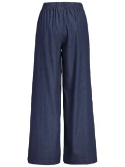 Pantalon en coton bleu pourvu d'une coupe évasée et d'une taille élastiquée