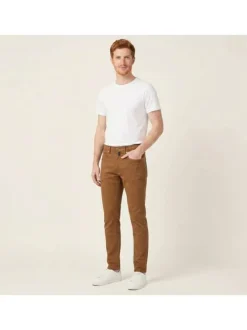 Pantalon en coton camel uni avec une coupe ajustée et une taille intermédiaire