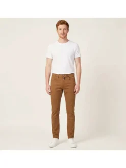 Pantalon en coton camel uni avec une coupe ajustée et une taille intermédiaire
