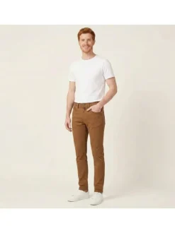 Pantalon en coton camel uni avec une coupe ajustée et une taille intermédiaire