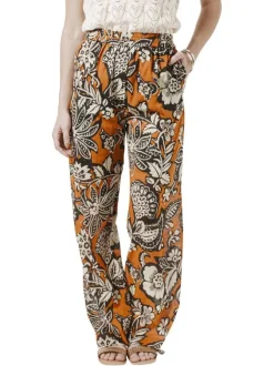 Pantalon en coton caramel imprimé de fleurs avec une coupe bootcut