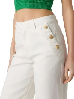 Pantalon en coton écru uni avec une coupe large et une taille haute