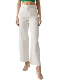 Pantalon en coton écru uni avec une coupe large et une taille haute
