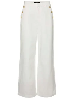 Pantalon en coton écru uni avec une coupe large et une taille haute