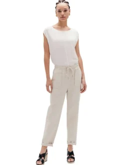 Pantalon en coton et lin mélangé beige uni avec une coupe droite