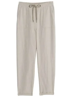 Pantalon en coton et lin mélangé beige uni avec une coupe droite