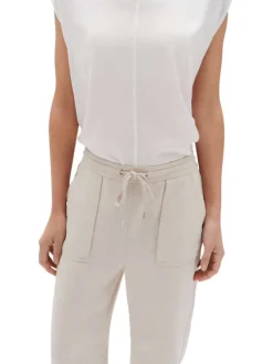 Pantalon en coton et lin mélangé beige uni avec une coupe droite