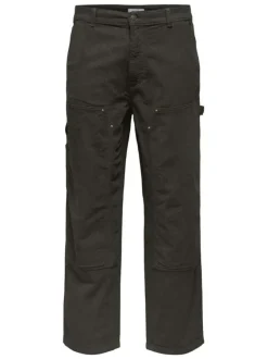 Pantalon en coton kaki uni avec une coupe droite et des poches
