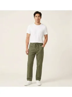 Pantalon en coton kaki uni pourvu de multiples poches et d'une coupe droite