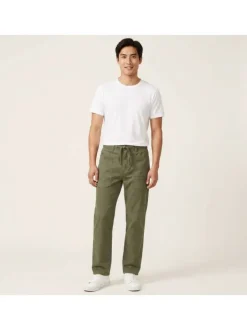 Pantalon en coton kaki uni pourvu de multiples poches et d'une coupe droite