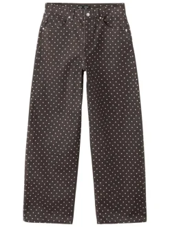 Pantalon en coton marron à pois pourvu de passants pour la ceinture