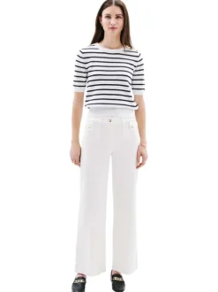 Pantalon en coton mélangé blanc uni à coupe bootcut avec des poches plaquées