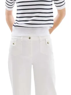 Pantalon en coton mélangé blanc uni à coupe bootcut avec des poches plaquées