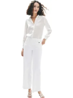 Pantalon en coton mélangé blanc uni à coupe bootcut avec des poches plaquées