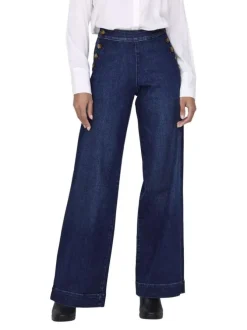 Pantalon en coton mélangé bleu indigo uni à coupe bootcut fermé par des boutons