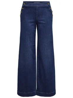 Pantalon en coton mélangé bleu indigo uni à coupe bootcut fermé par des boutons
