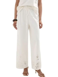 Pantalon en coton mélangé écru uni pourvu de détails brodés et ajourés