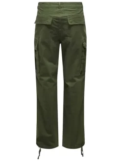 Pantalon en coton mélangé kaki uni avec des poches et une coupe droite