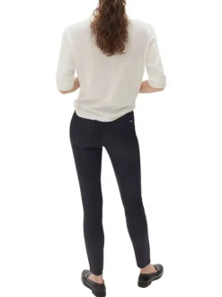 Pantalon en coton mélangé marine avec une coupe slim et une taille intermédiaire