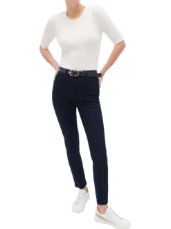 Pantalon en coton mélangé marine uni à coupe slim et taille intermédiaire