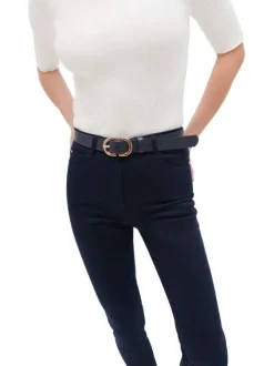 Pantalon en coton mélangé marine uni à coupe slim et taille intermédiaire