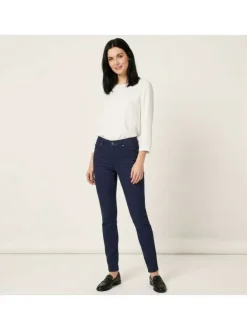 Pantalon en coton mélangé marine uni à coupe slim et une taille intermédiaire