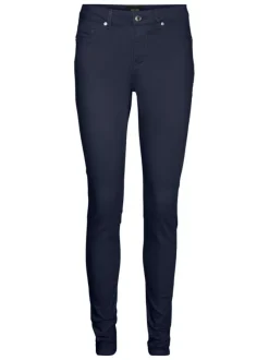 Pantalon en coton mélangé marine uni à coupe slim et une taille intermédiaire