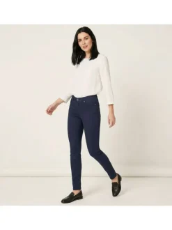 Pantalon en coton mélangé marine uni à coupe slim et une taille intermédiaire
