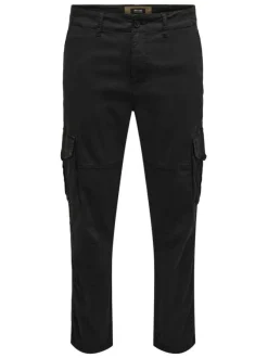 Pantalon en coton mélangé noir uni avec une coupe droite et des passants