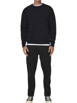 Pantalon en coton mélangé noir uni avec une coupe droite et des passants