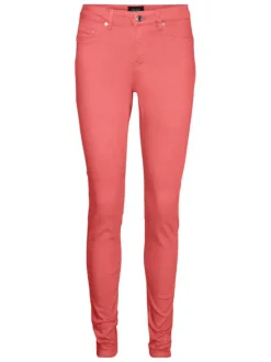 Pantalon en coton mélangé pêche uni à coupe slim et une taille intermédiaire