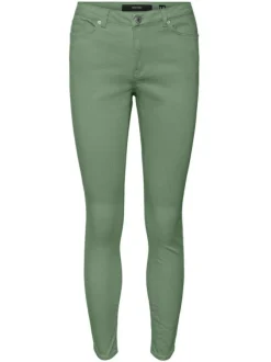 Pantalon en coton mélangé vert uni à coupe slim et ceinture boutonnée