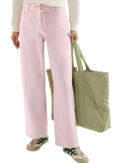 Pantalon en coton rose uni avec une coupe droite muni d'un zip et d'un bouton