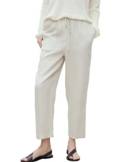 Pantalon en lin beige clair uni à coupe droite et à taille élastiquée