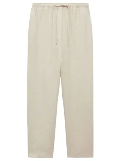 Pantalon en lin beige clair uni à coupe droite et à taille élastiquée