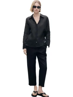 Pantalon en lin noir uni à coupe droite et à taille élastiquée