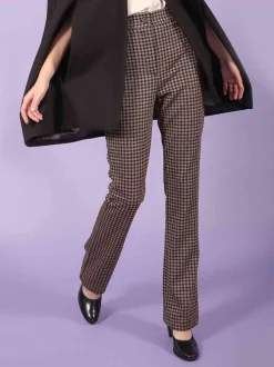 Pantalon femme coupe droite pied de poule cuivré noir et beige