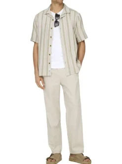 Pantalon Jogging en coton et lin mélangé écru uni avec une coupe droite