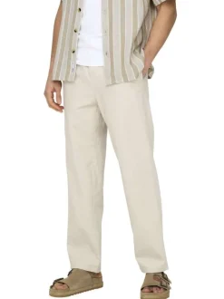 Pantalon Jogging en coton et lin mélangé écru uni avec une coupe droite