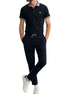 Pantalon jogging en coton mélangé marine uni pourvu d'une coupe droite