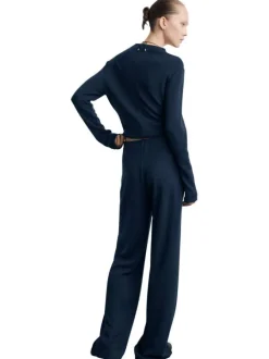 Pantalon jogging marine uni avec une coupe droite et une taille élastiquée